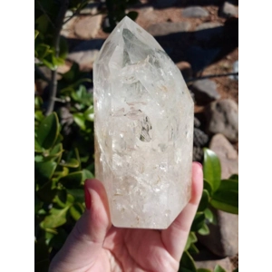 4.5" Clear Quartz Crystal Point Lamp. Polished Quartz Crystal with Wood LED Light Base. You get this
