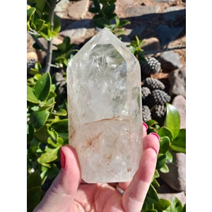 4.5" Clear Quartz Crystal Point Lamp. Polished Quartz Crystal with Wood LED Light Base. You get this