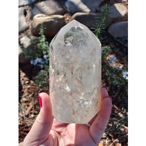 4.5" Clear Quartz Crystal Point Lamp. Polished Quartz Crystal with Wood LED Light Base. You get this