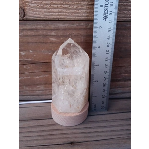 4.5" Clear Quartz Crystal Point Lamp. Polished Quartz Crystal with Wood LED Light Base. You get this