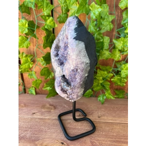 6.7 Lb. Amethyst Cluster Geode with Metal Display Stand with Calcite. 10.6 Inches Tall. You get this