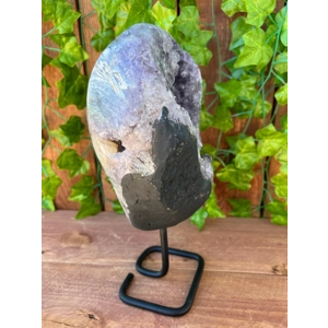 6.7 Lb. Amethyst Cluster Geode with Metal Display Stand with Calcite. 10.6 Inches Tall. You get this