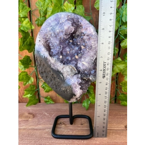 6.7 Lb. Amethyst Cluster Geode with Metal Display Stand with Calcite. 10.6 Inches Tall. You get this