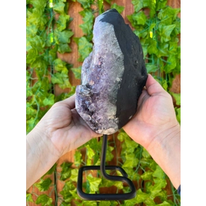 6.7 Lb. Amethyst Cluster Geode with Metal Display Stand with Calcite. 10.6 Inches Tall. You get this