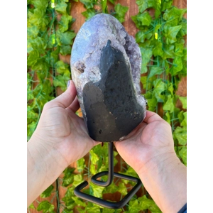 6.7 Lb. Amethyst Cluster Geode with Metal Display Stand with Calcite. 10.6 Inches Tall. You get this