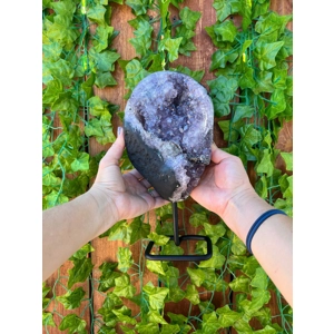 6.7 Lb. Amethyst Cluster Geode with Metal Display Stand with Calcite. 10.6 Inches Tall. You get this