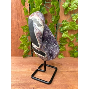 3.69 Lb Purple Amethyst Crystal Cluster with Banded Agate and Metal Display Stand. You get this piec