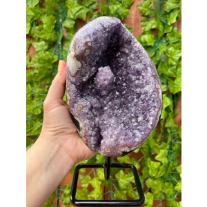 3.69 Lb Purple Amethyst Crystal Cluster with Banded Agate and Metal Display Stand. You get this piec