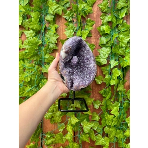 3.69 Lb Purple Amethyst Crystal Cluster with Banded Agate and Metal Display Stand. You get this piec