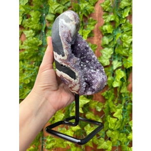 3.69 Lb Purple Amethyst Crystal Cluster with Banded Agate and Metal Display Stand. You get this piec