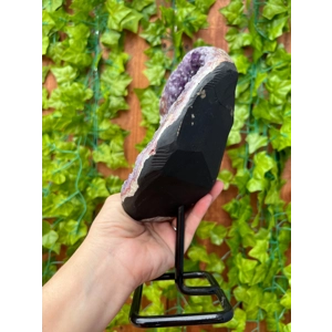 3.69 Lb Purple Amethyst Crystal Cluster with Banded Agate and Metal Display Stand. You get this piec