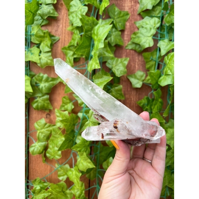 10.59 oz. Clear Lemurian Quartz Crystal Laser Point with Hematite Inclusions from Brazil. You get th