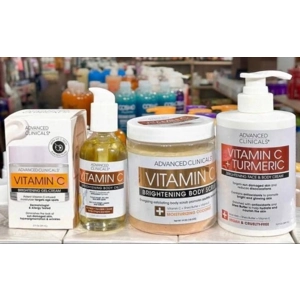 Advanced Clinicals Vitamin C product line, including gel-cream, body oil, scrub, and face & body cre