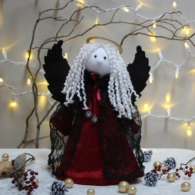 Haunting and Serene, Angel Sock Doll with Reversible, Black Wings & Gold Halo, OOAK, Unique, Heirloo