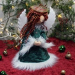 Handmade Angel for Tree or Mantel, One of a Kind, Forest Green, Velvet Gown, Red Hair and Floating H