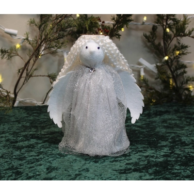 Elegant, Angel Tree Topper, Handmade Waldorf Style in Silver Gown, Reversible Wings, Adjustable, Flo