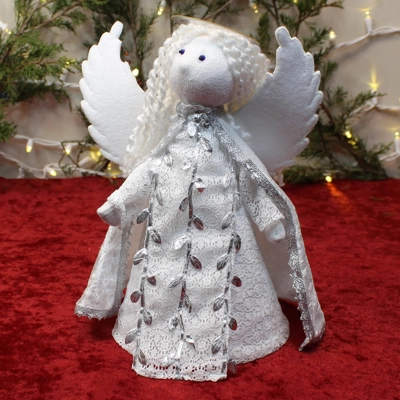 Decorative Angel Tree Topper in White & Silver, Reversible Wings, Adjustable Floating Halo, Waldorf
