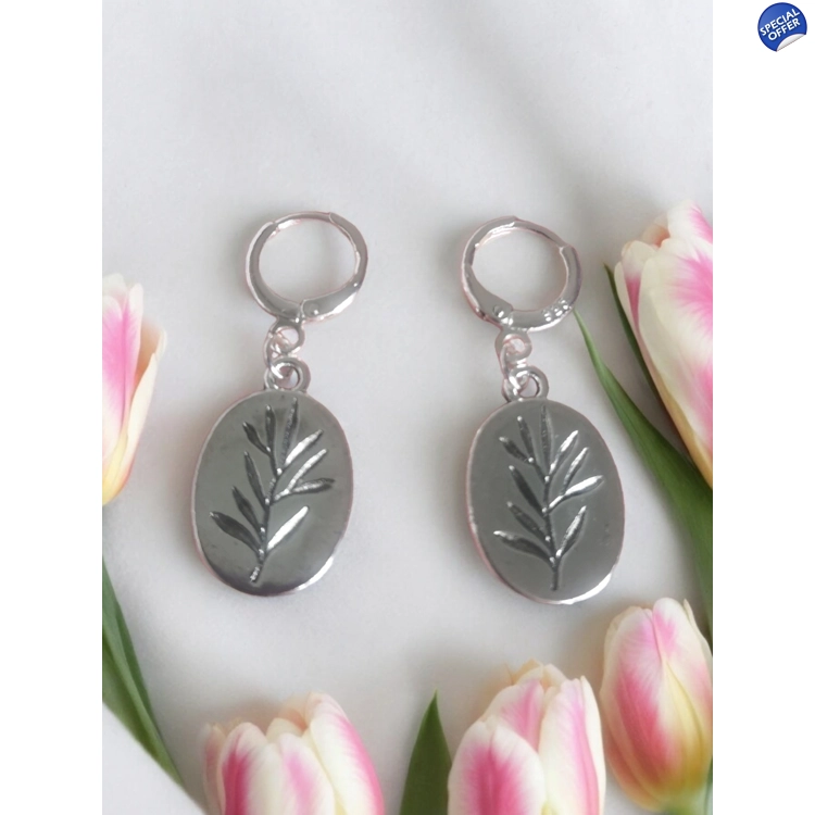 Silver leaf drop hoop earrings