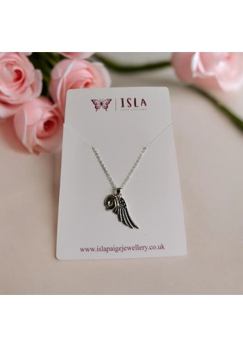 Silver baby feet and angel wing necklace