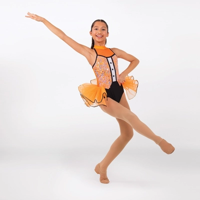Sequin Tuxedo Leotard with Bustle Orange title=