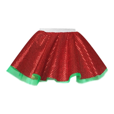 Red Sequin and Green Skirt title=