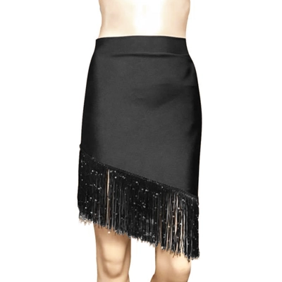 Black Asymmetric Fringe Latin Skirt title=