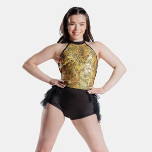 Halterneck Biketard with Faux Feather Bustle Gold