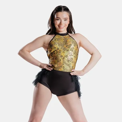 Halterneck Biketard with Faux Feather Bustle Gold title=