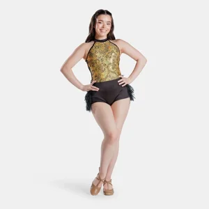 Halterneck Biketard with Faux Feather Bustle Gold