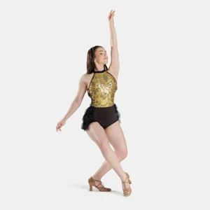 Halterneck Biketard with Faux Feather Bustle Gold