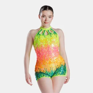 Ombre Sequin Biketard with Cut-out Detail Neon Multi