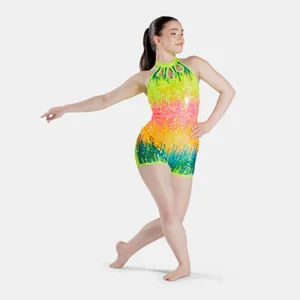 Ombre Sequin Biketard with Cut-out Detail Neon Multi