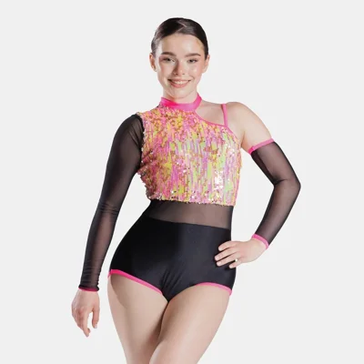 Sequin Leotard with Separate Sleeve Neon Pink title=