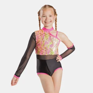 Sequin Leotard with Separate Sleeve Neon Pink