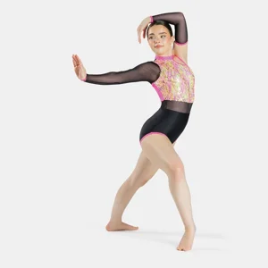 Sequin Leotard with Separate Sleeve Neon Pink
