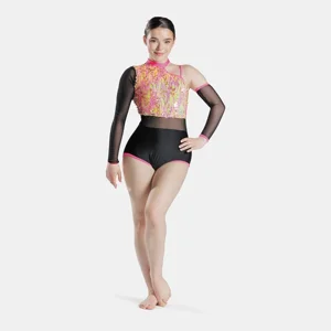 Sequin Leotard with Separate Sleeve Neon Pink