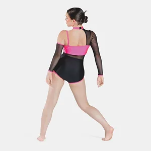 Sequin Leotard with Separate Sleeve Neon Pink