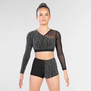 Asymmetrical Lurex and Mesh Panelled Crop Top and Shorts Asymmetrical Lurex and Mesh Panelled Crop Top and Shorts