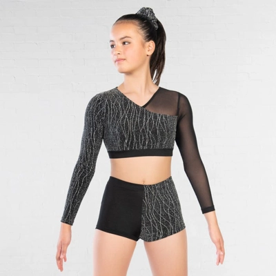 Asymmetrical Lurex and Mesh Panelled Crop Top and Shorts title=