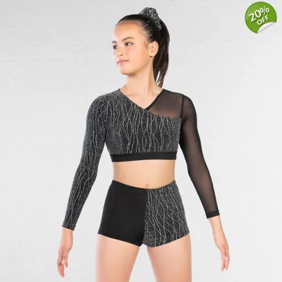 Asymmetrical Lurex and Mesh Panelled Crop Top and Shorts title=