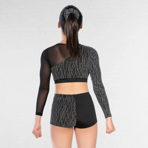 Asymmetrical Lurex and Mesh Panelled Crop Top and Shorts Asymmetrical Lurex and Mesh Panelled Crop Top and Shorts