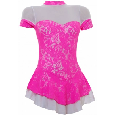 Pink Lace Overlaying White Lycra Short Sleeved Skating Dress (S091c) title=