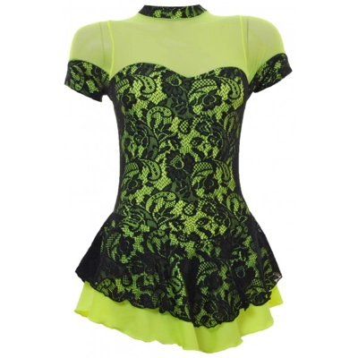Yellow Lace Overlaying Black Lycra Short Sleeved Skating Dress (S091a) title=