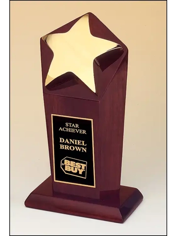 T109 Polished Metal Goldtone Star Casting On Rosewood Piano-Finish Base