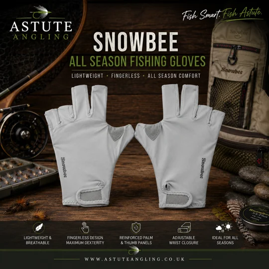 Snowbee All Season fingerless fishing gloves with adjustable wrist fastening for fly fishing, lure fishing and general angling.