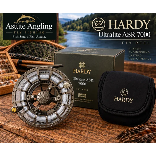 Hardy Ultralite ASR 7000 fly reel with two spare cassette spools, original box and Hardy neoprene case
