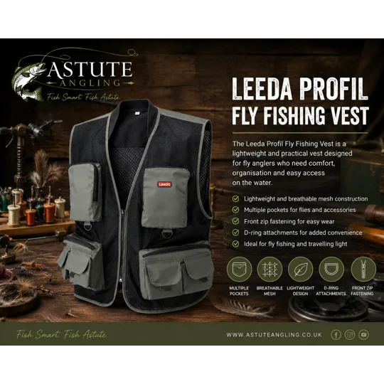 Leeda Profil Fly Fishing Vest lightweight breathable fly fishing waistcoat with multiple storage pockets