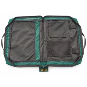 Open green and black Nomad UK Cordura fly-tying case with internal organiser pockets, mesh compartment, retaining straps and tool loops.