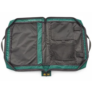 Open green and black Nomad UK Cordura fly-tying case with internal organiser pockets, mesh compartment, retaining straps and tool loops.