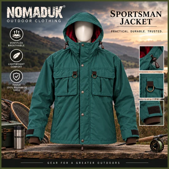 NomadUK Sportsman Ventflex breathable blue-green fishing jacket with peaked hood and D-ring breast pockets